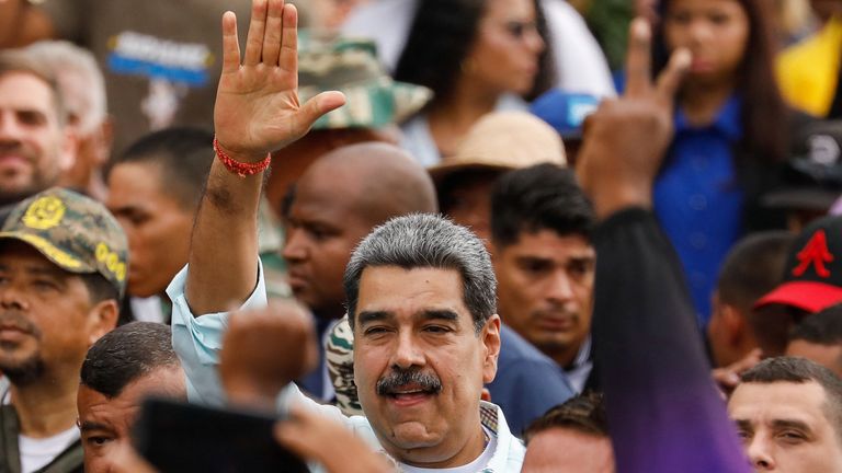 Venezuela's President Nicolas Maduro joins supporters marching to commemorate the Battle of Santa Ines. Pic: Reuters
