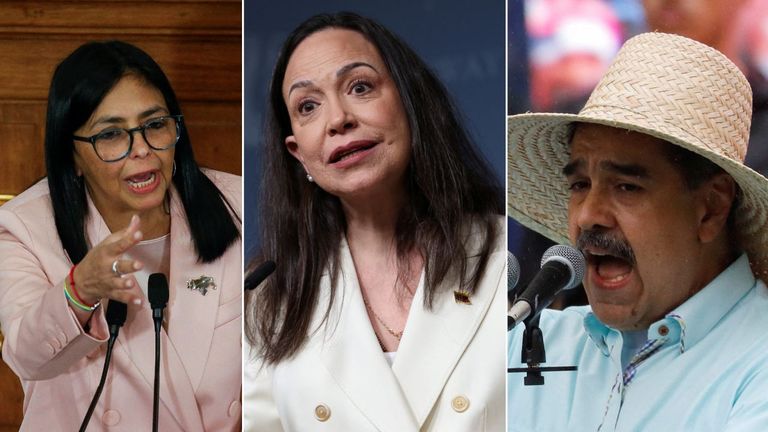 (LR) Delcy Rodriguez, Maria Corina Machado ve Nicolas Maduro