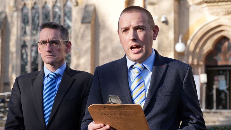 Detective Superintendent Lewis Basford, right, speaking outside Wood Green Crown Court. Pic: PA