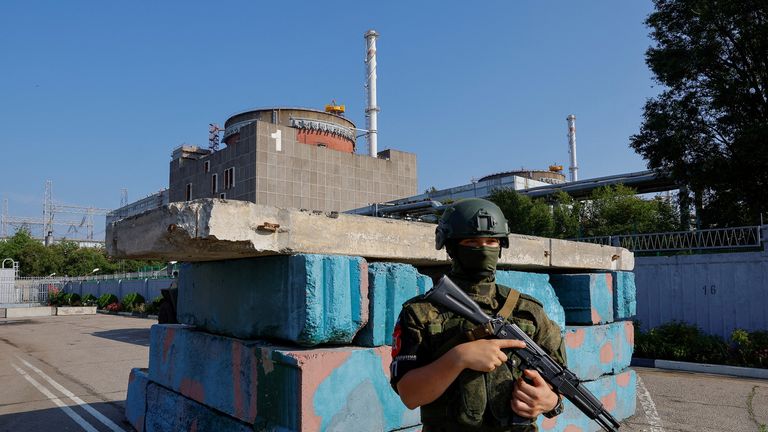 A Russian soldier stands guard at a checkpoint near the Zaporizhzhia nuclear power plant. File pic: Reuters