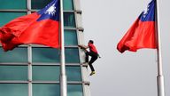 Rock climber Alex Honnold, of the U.S., performs a free solo climb of the Taipei 101 skyscraper in Taipei, Taiwan, Sunday, Jan. 25. 2026. (AP Photo/Chiang Ying-ying)