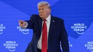 U.S. President Donald Trump gestures during the 56th annual World Economic Forum (WEF) in Davos, Switzerland, January 21, 2026. REUTERS/Jona