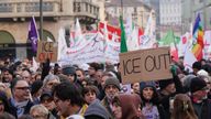People protest against ICE in Milan. Pic: AP