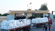 A truck carrying humanitarian aid at the Egyptian gate of the Rafah crossing. Pic: AP
