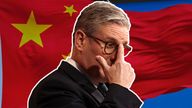 A graphic of Prime Minister Sir Keir Starmer in front of a Chinese flag in a museum in Beijing. Pics: AP