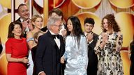 Steven Spielberg, Chloe Zhao and Hamnet cast members as they accept the award for best film - drama. Pic:Kevork Djansezian/CBS Broadcas