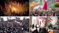 (Clockwise) Protesters on the streets of Tehran, demonstrators outside Downing street and  Los Angeles and a funeral procession in Tehran.
 