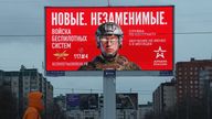 Ad board promoting contract military service in the Russian army's unmanned systems forces, in Saint Petersburg. Reuters