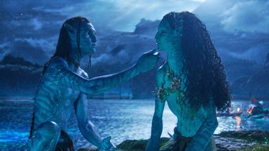 Britain as Dalton Loak and Bailey Bass as Syreya in Avatar: Fire and Ash. Photo: 20th Century Studios/Disney via AP