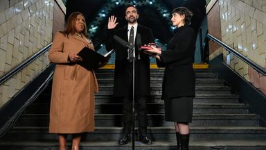 Attorney General Letitia James (left) administers the oath as Mamdani's wife Rama Duwaji looks on. Photo: AP