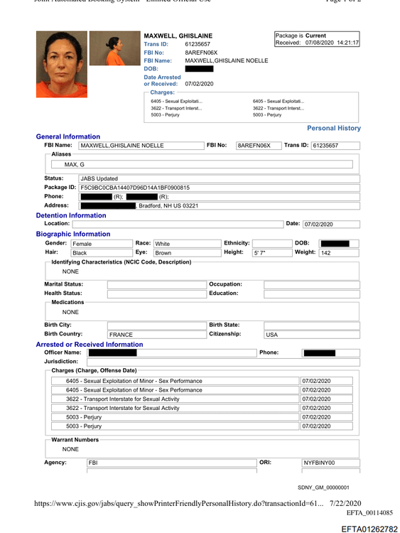 Ghislaine Maxwell's police booking intake form