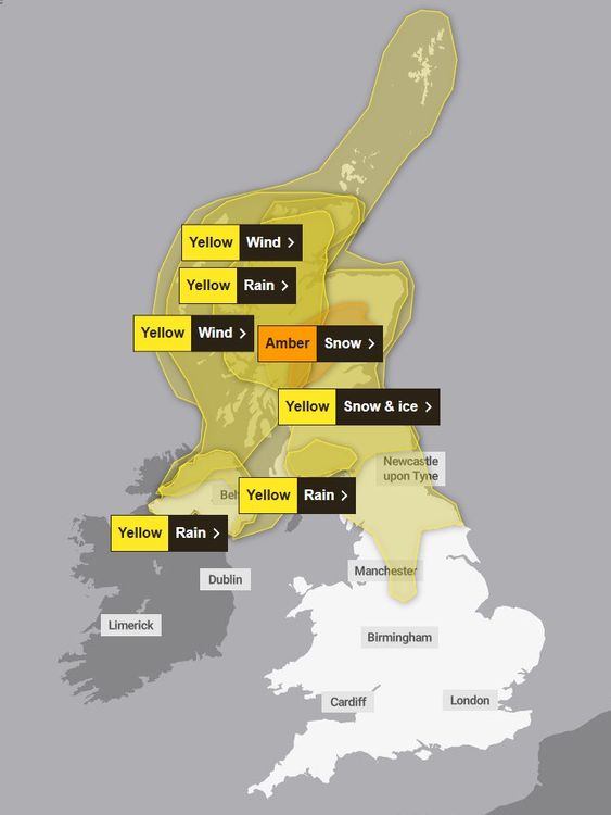 Weather warnings for Sunday. Pic: Met Office