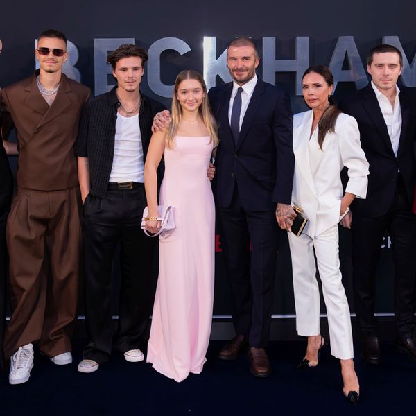 The Beckhams, left to right: Romeo, Cruz, Harper, David, Victoria and Brooklyn, at a London premier in 2023. Pic: AP