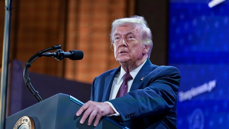 President Donald Trump speaks during the launch of a program known as Trump Accounts at the Andrew W. Mellon Auditorium, Wednesday, Jan. 28, 2026, in Washington.(AP Photo/Jose Luis Magana)