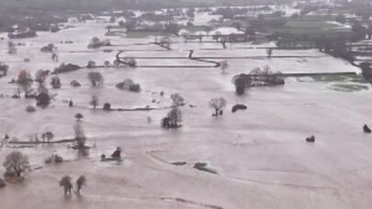 A drone has captured the severe flooding following Storm Chandra