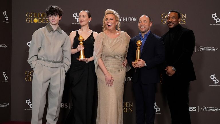 Owen Cooper, Erin Doherty, Hannah Walters, Stephen Graham, and Ashley Walters at the Golden Globes. Pic: AP Photo/Chris Pizzello