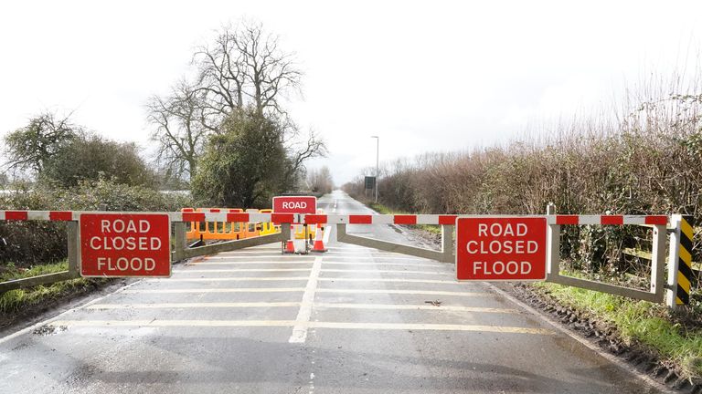 A road closed due to flooding in Burrowbridge, Somerset.  Pic: PA