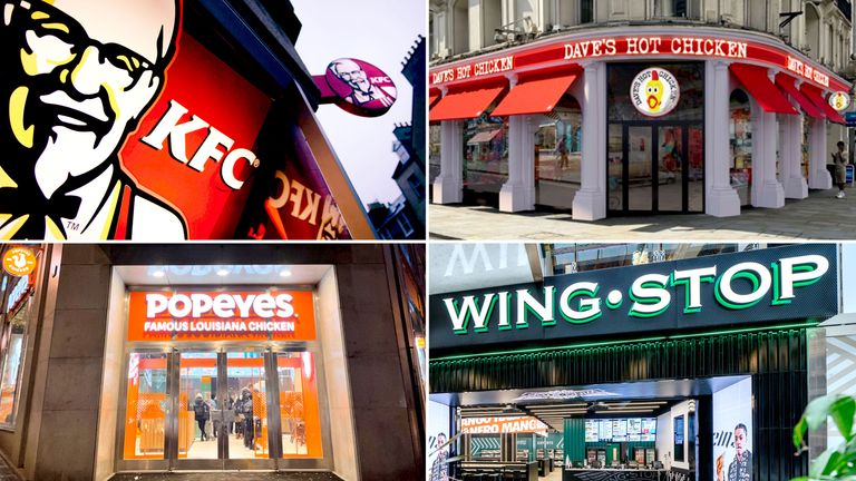 Clockwise from top left: KFC, Dave's Hot Chicken, Popeyes, Wingstop