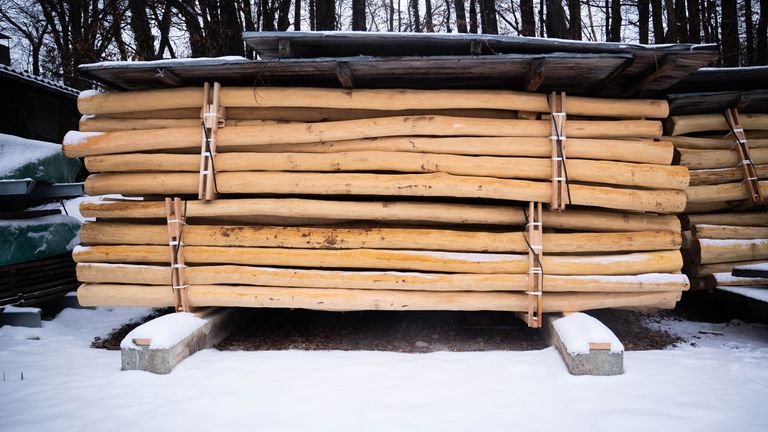 Logs in storage at the Richter Spielgerate workshop in the village of Frasdorf, Germany, ready to be used for children's play equipment. Pic: PA