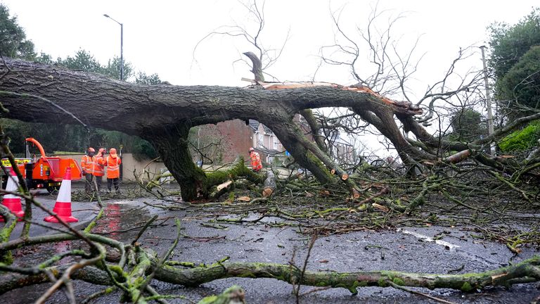 A fallen tree blocks Hall Lane in Houghton-le-Spring in Durham. Storm Chandra brought travel disruption and flooding as strong winds and heavy rain hit much of the UK. Picture date: Tuesday January 27, 2026. PA Photo. Photo credit should read: Owen Humphreys/PA Wire