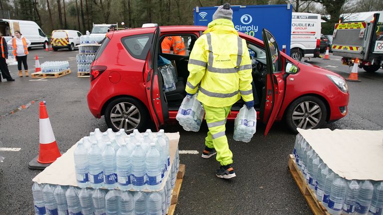 Water in East Grinstead, West Sussex, is not expected to return until Tuesday. Pic: PA
