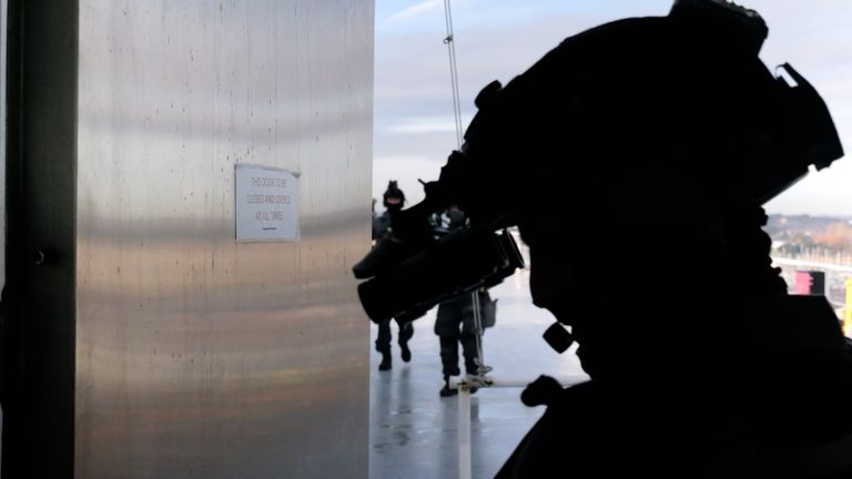 Specialist firearms officers mobilise, like they would in a real ferry hijacking
