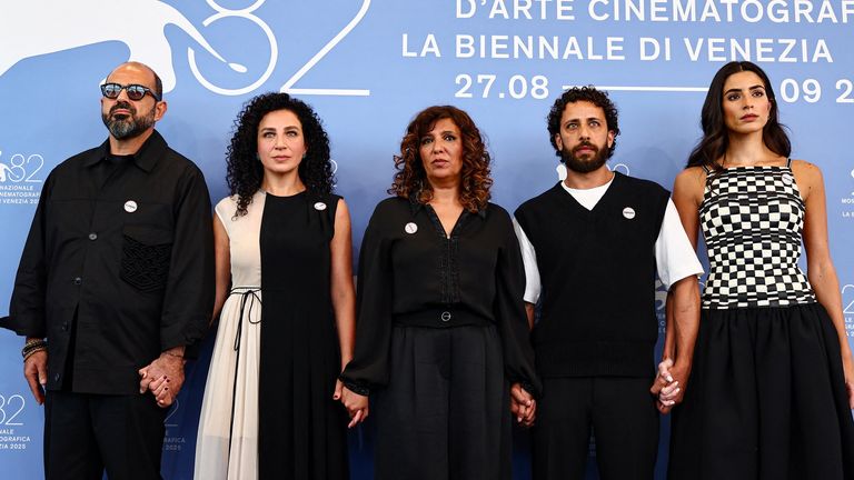 Director Kaouther Ben Hania (centre), and actors Amer Hlehel, Clara Khoury, Motaz Malhees and Saja Kilan. Pic: Reuters
