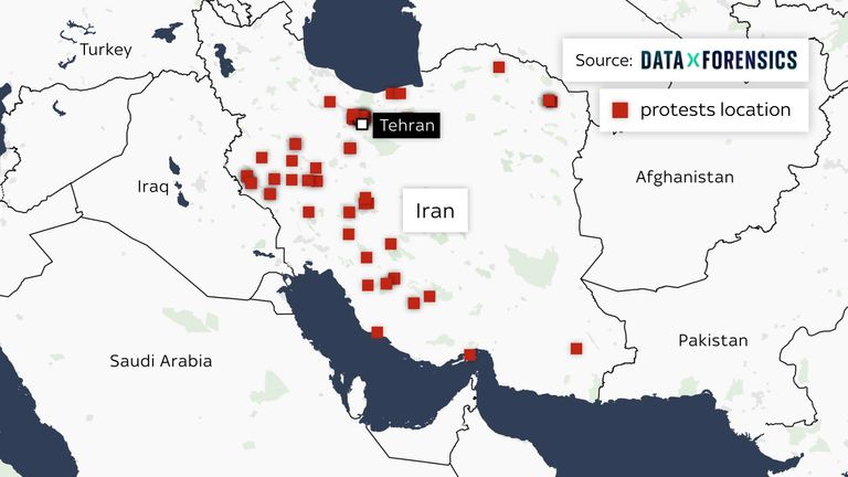 A map showing the location of protests in Iran