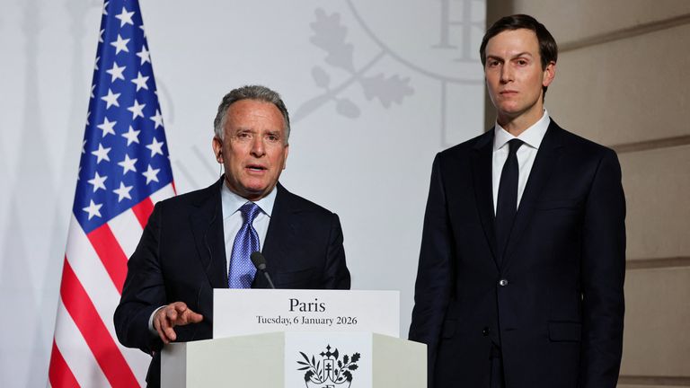 US Special Envoy Steve Witkoff speaks as US businessman Jared Kushner looks on during a press conference in Paris. Pic: Reuters
