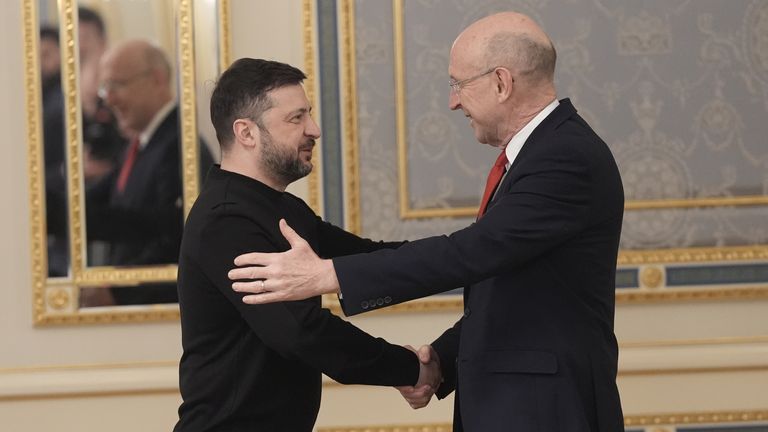 Defence Secretary John Healey (R) meets Ukrainian President Volodymyr Zelenskyy at the Presidential Palace in Kyiv. Pic: PA
