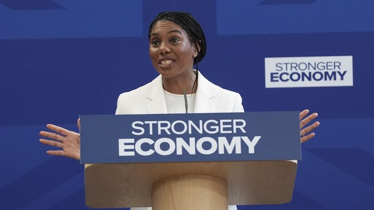 Kemi Badenoch gives a speech at Church House in London.  
Pic: PA