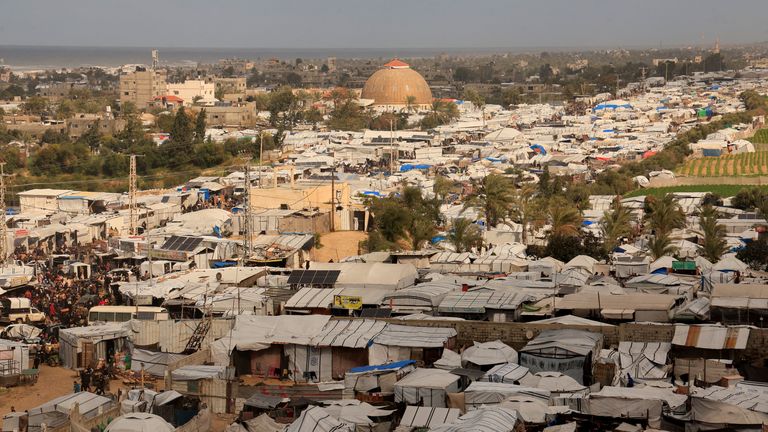 Displaced Palestinians sheltering in a tent camp in Khan Younis, southern Gaza. Pic: Reuters