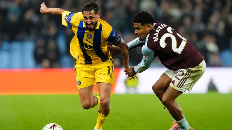 Maccabi Tel-Aviv's Sagiv Jehezkel (left) and Aston Villa's Ian Maatsen during the match in November. Pic: PA