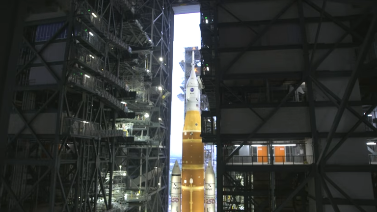 NASA's Vehicle Assembly Building as Artemis 2 rocket moves to launch pad. Pic: AP