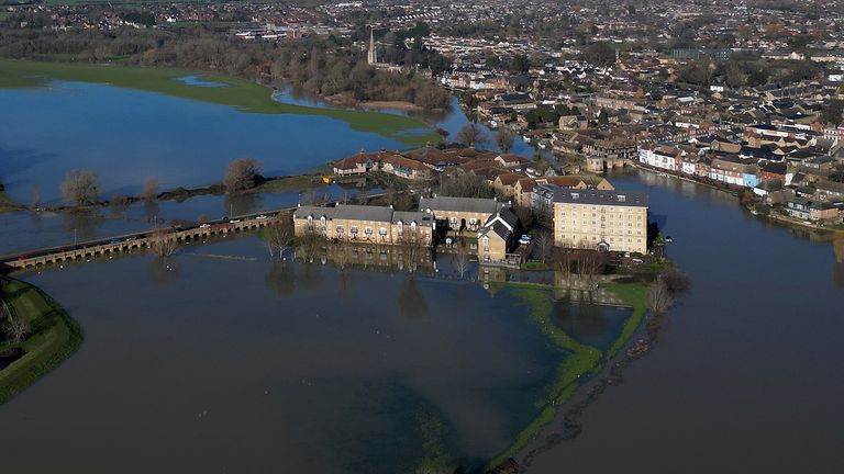 Flooding around St Ives in Cambridgeshire after the River Great Ouse burst its banks during Storm Chandra. Pic: PA