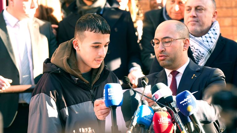 Gazan refugee Obaidah speaks during the inauguration ceremony for the Embassy of the state of Palestine.
Pic: PA