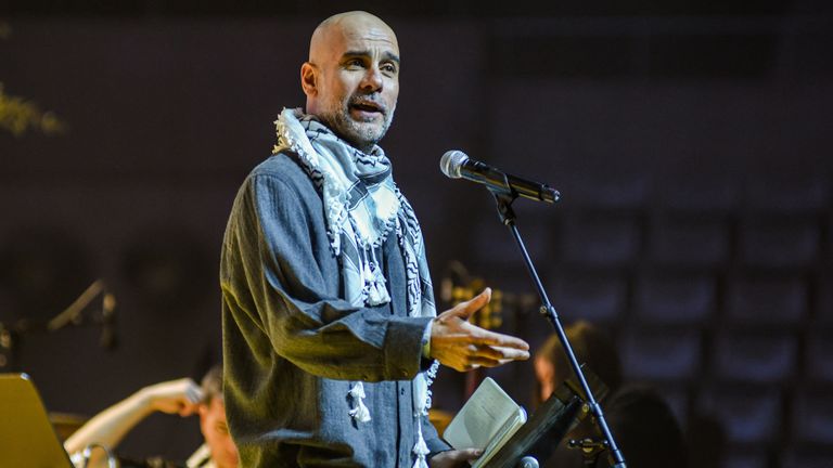 Football coach Pep Guardiola speaking at the rally. Pic: Europa Press/AP