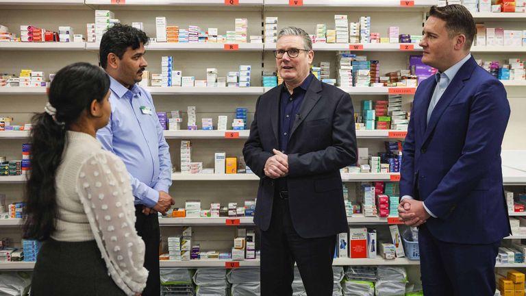 Sir Keir Starmer made the comments about Andy Burnham while on a visit to a pharmacy with the health secretary. Pic: PA