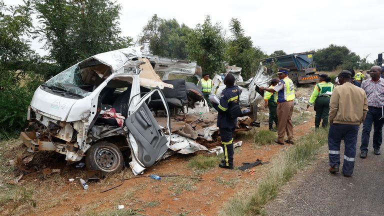 The aftermath of a crash also involving a minibus taxi and truck in Vanderbijlpark, south of Johannesburg, on 19 January. Pic: AP