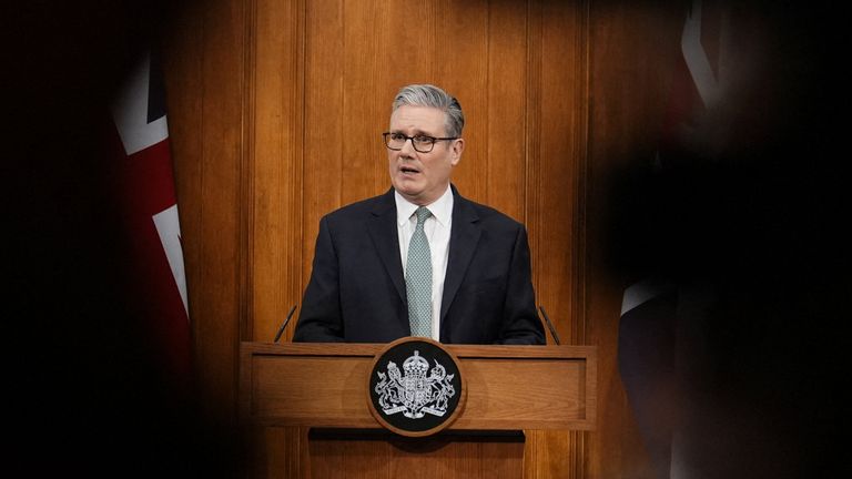 British Prime Minister Keir Starmer delivers a statement in the briefing room of 9 Downing Street in central London, Britain, after U.S. pre