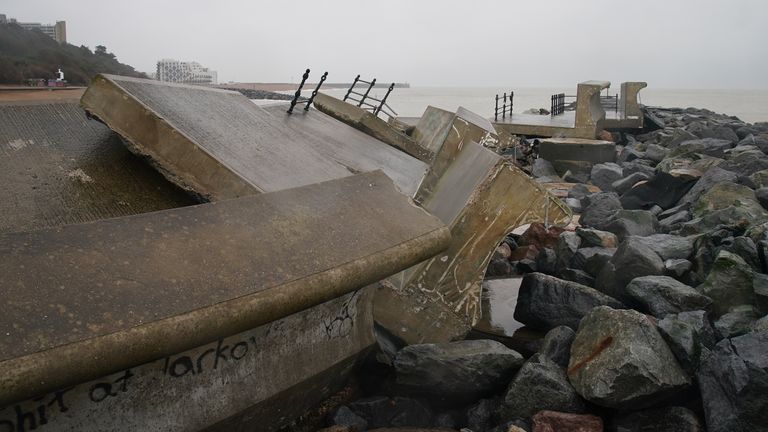 Strong waves damaged a sea wall in Folkestone, Kent during Storm Goretti Pic: PA