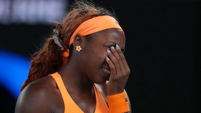 Coco Gauff of the US reacts during her quarter-final match against Elina Svitolina of Ukraine. Pic: AP