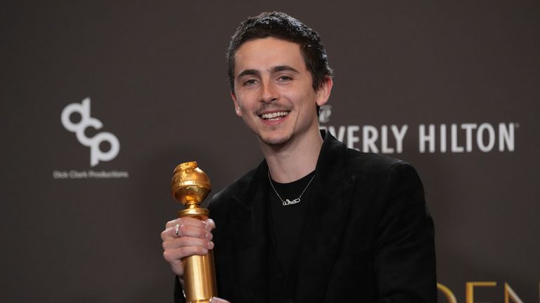 Timothee Chalamet was named best actor in a musical or comedy in the film categories. Pic: AP/Chris Pizzello