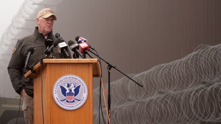 Homan speaking along the border with Mexico. Pic: AP