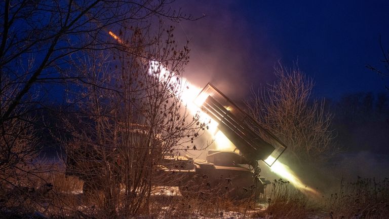 Ukraine fires a Grad missile towards Russian army positions in the Donetsk region. Pic: AP