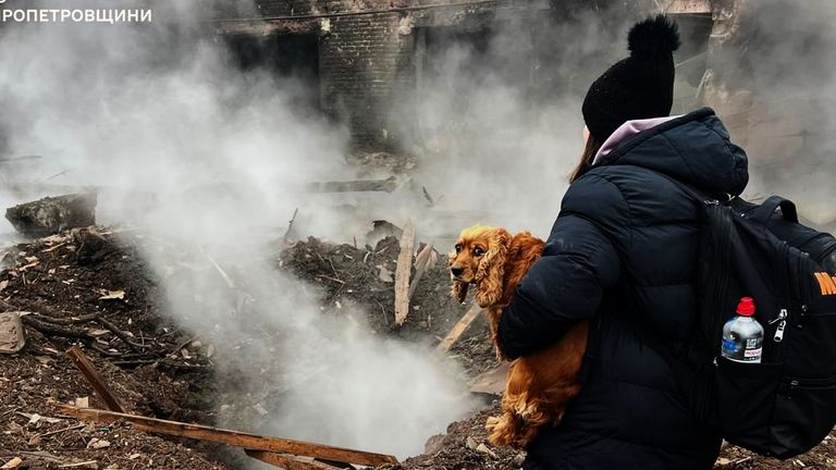 A missile crater after a Russian attack in Kryvyi Rih, Ukraine. Pic: Ukrainian Emergency Service/AP