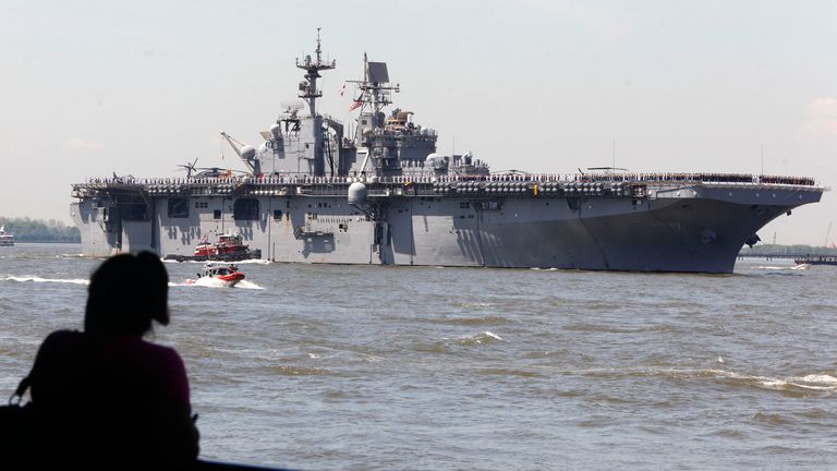 The amphibious assault ship USS Iwo Jima, which Maduro was taken to, pictured in 2011 in New York. Pic: Reuters