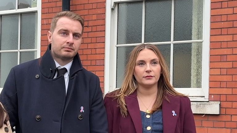 Victoria and Thomas Gillibrand speaking outside Cheshire coroner's court, where they were accompanied by solicitor Rebecca Cahill. Pic: PA