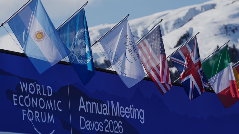 Flags are seen outside the venue for the annual meeting of the World Economic Forum in Davos, Switzerland. Pic: AP