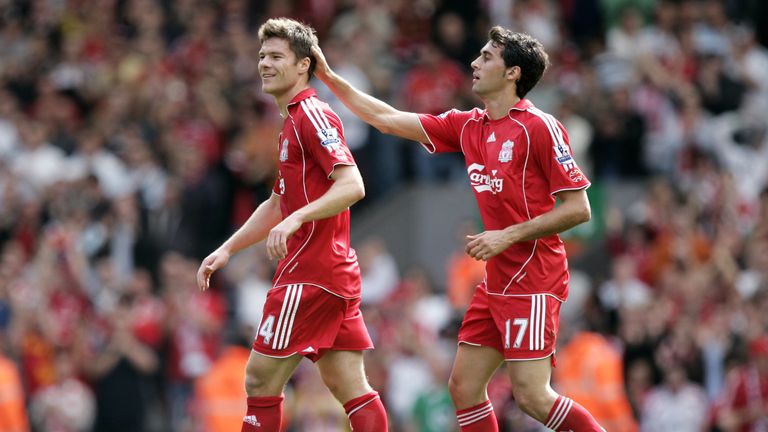 Xabi Alonso celebrates scoring the first goal for Liverpool with Alvaro Arbeloa in 2007. Pic: Action Images/Reuters